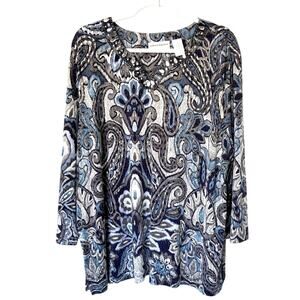 Alfred Dunner Wms 1X Blue Gray Jersey Knit Embellished Popover Tunic Blouse Glam